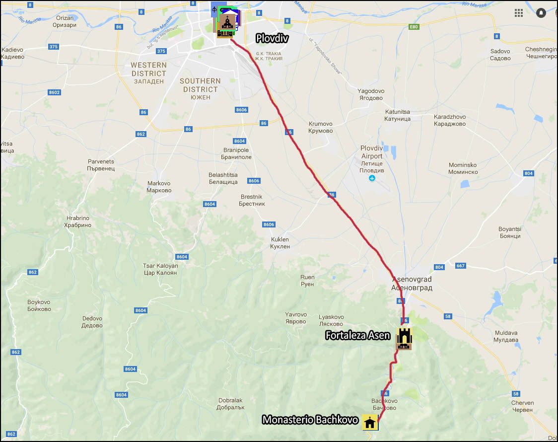 Mapa Plodiv Monasterio de Bachkovo y la Fortaleza Asenova