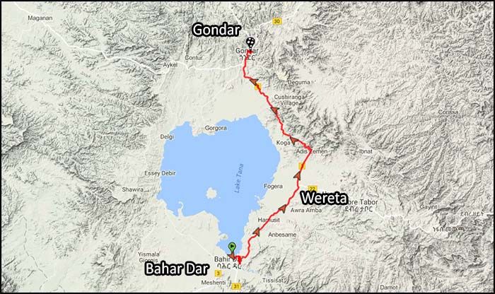 Mapa Bahar Dar a Gondar