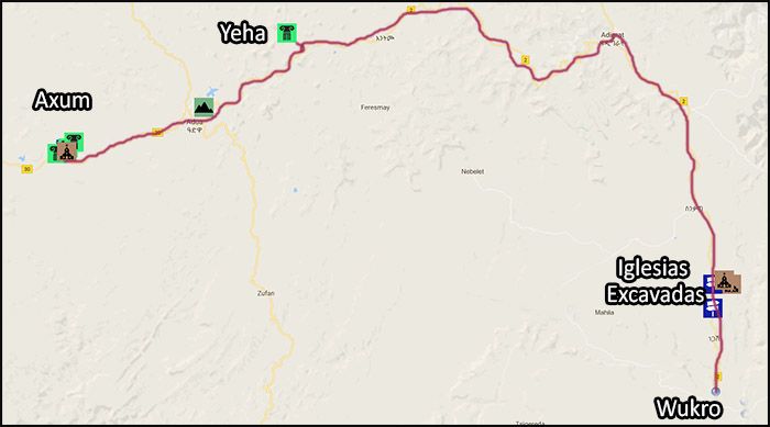 Mapa Iglesias excavadas del Tigray Axum Wukro